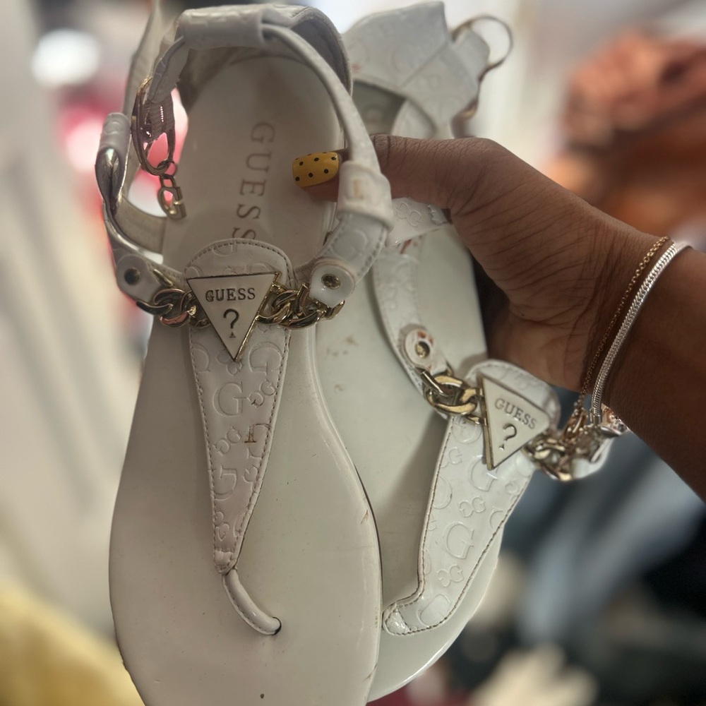 GUESS White T-Strap Logo Sandals with Gold Chain Trim